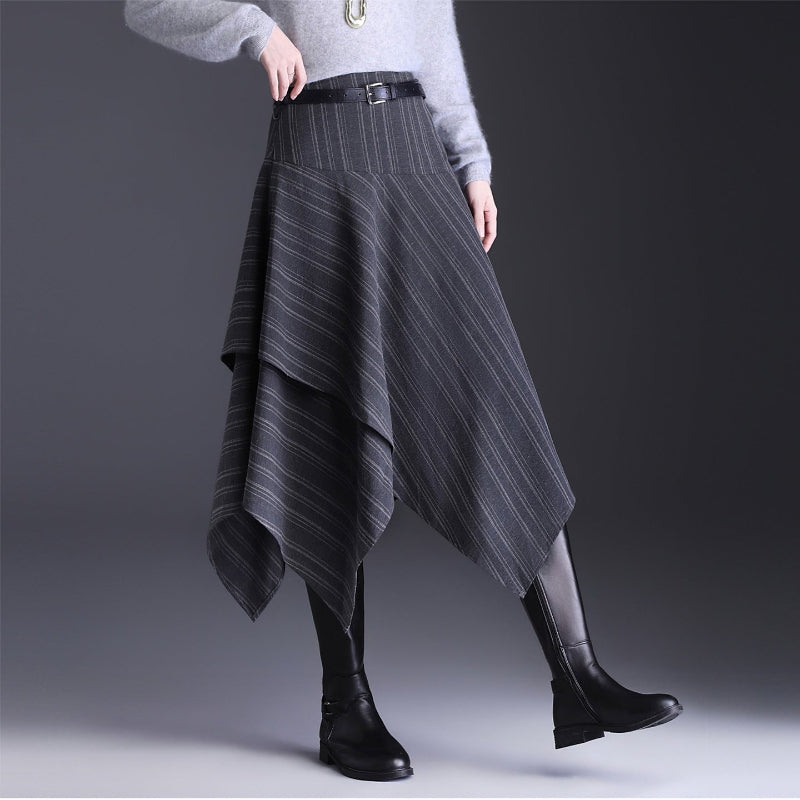 Blackbird Boutique Asymmetrical Plaid Midi Skirt - Striped Patchwork, High-Waisted