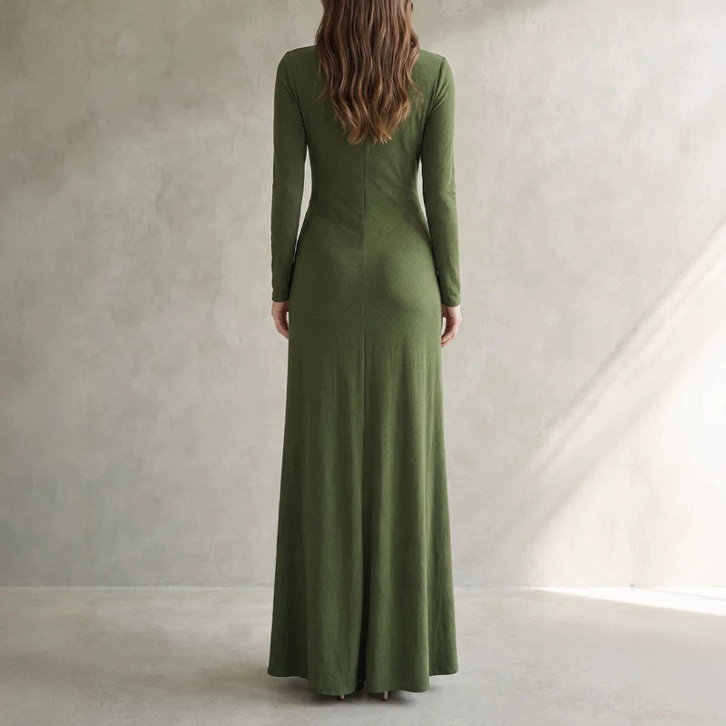 Blackbird Boutique Ruffled Off-Shoulder Maxi Dress - Draped Pleats, Slim Fit, Dark Green