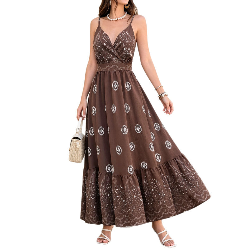 Blackbird Boutique Slim-Fit Vacation Dress - Printed Design, V-Neck, Open Back
