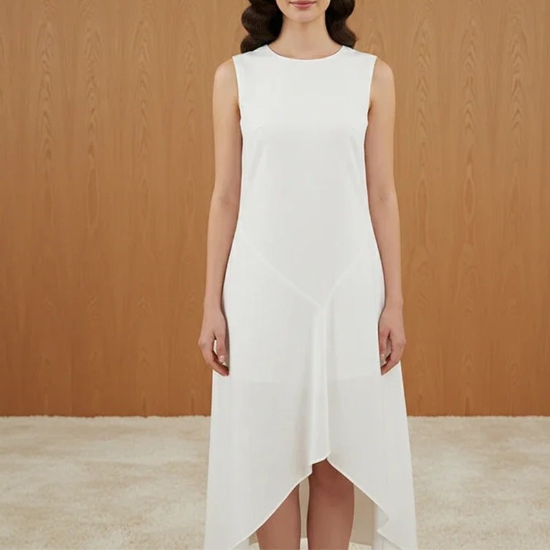 Blackbird Boutique Asymmetrical White Midi Dress - Round Neck, Sleeveless Design
