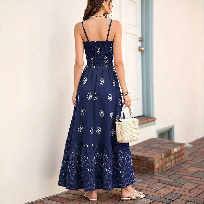 Blackbird Boutique Backless Printed Strappy Dress - V-Neck, Resort Style