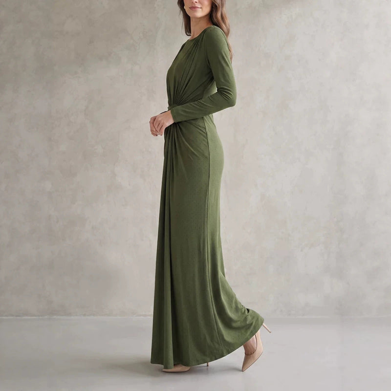 Blackbird Boutique Dark Green Maxi Dress - Off-Shoulder, Draped Pleats, Bell Sleeves