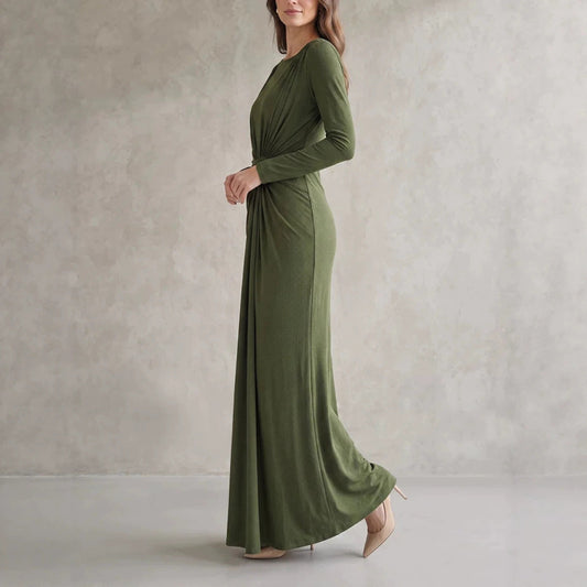 Blackbird Boutique Dark Green Maxi Dress - Off-Shoulder, Draped Pleats, Bell Sleeves