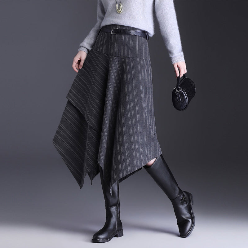 Blackbird Boutique Gray Plaid Asymmetrical Skirt - High-Waisted, Patchwork Design