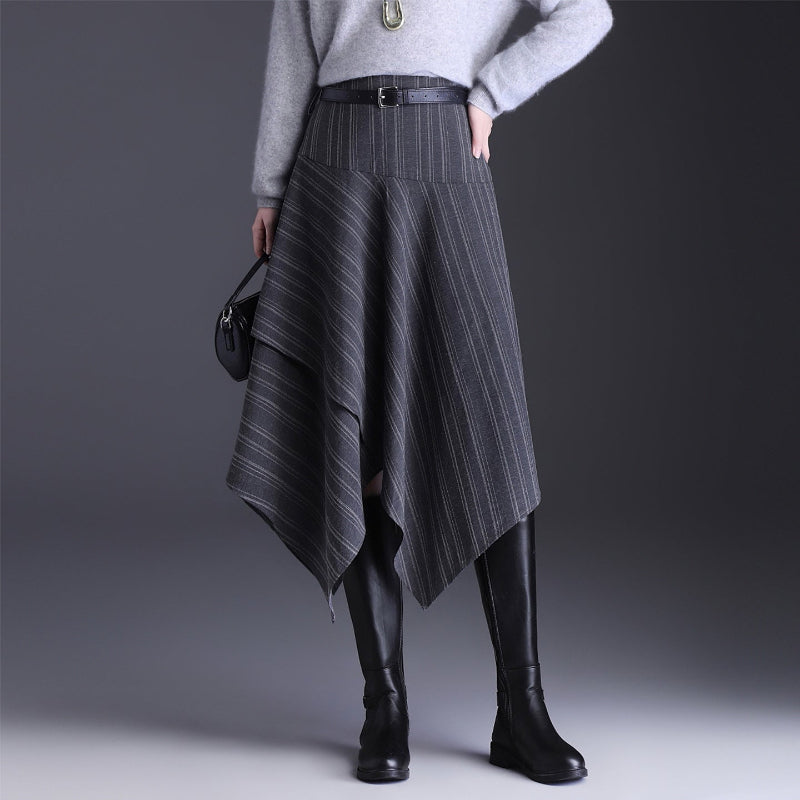 Blackbird Boutique High-Waisted Asymmetrical Plaid Skirt - Striped Patchwork, Gray