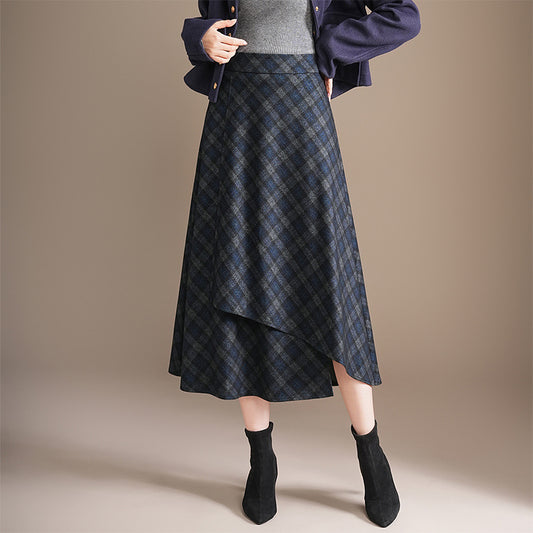 Blackbird Boutique High-Waisted Plaid A-Line Midi Skirt - Patchwork, Elastic Waist