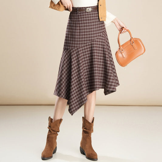 Blackbird Boutique High-Waisted Plaid A-Line Skirt - Irregular Hem, Mid-Length