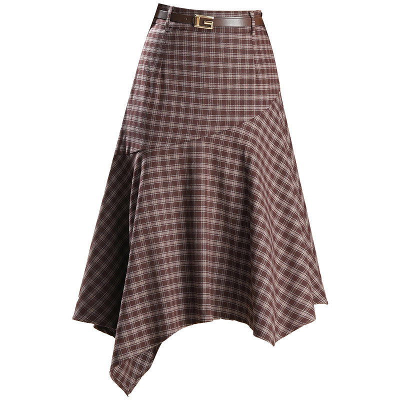 Blackbird Boutique Patchwork Plaid Midi Skirt - A-Line, High-Waisted, Irregular Hem