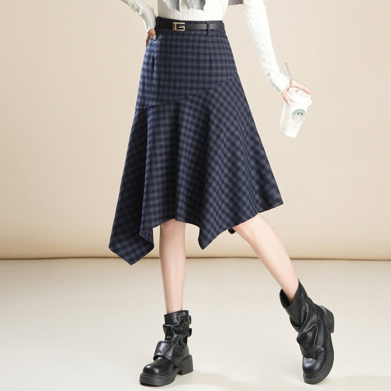 Blackbird Boutique Plaid Patchwork A-Line Skirt - High-Waisted, Irregular Hem