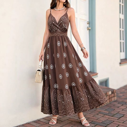 Blackbird Boutique Printed V-Neck Strappy Dress - Open Back, Slim Fit