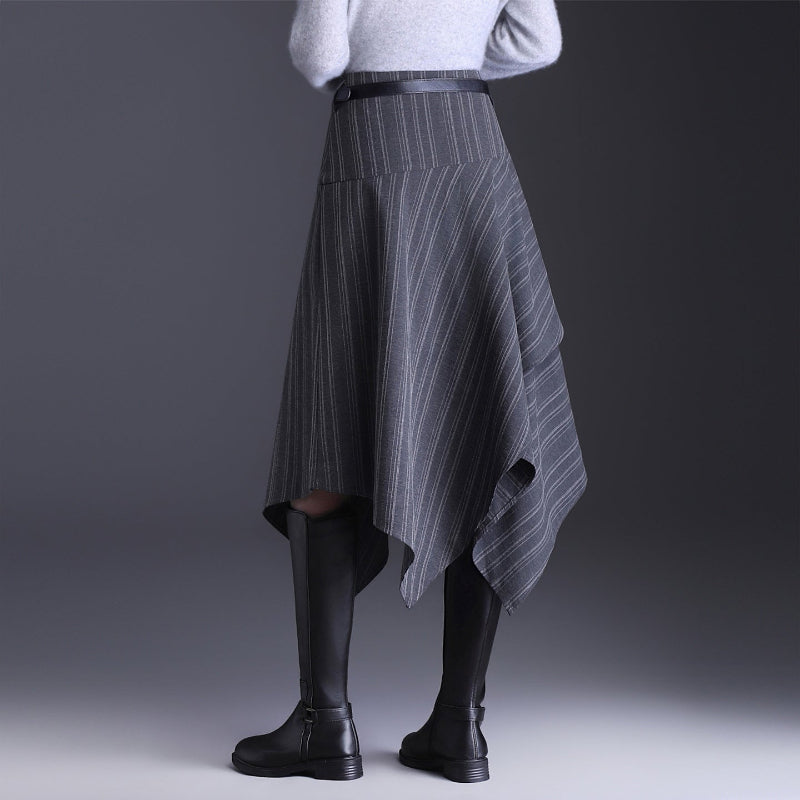 Blackbird Boutique Striped Plaid Asymmetrical Midi Skirt - High-Waisted, Gray