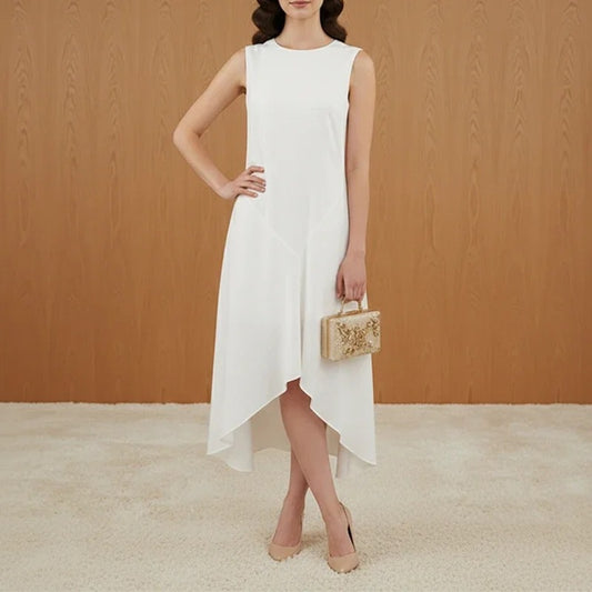 Blackbird Boutique White Sleeveless Midi Dress - Round Neck, Asymmetrical Hem