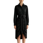 Button Front Draped Waist-Tie Shirt Dress