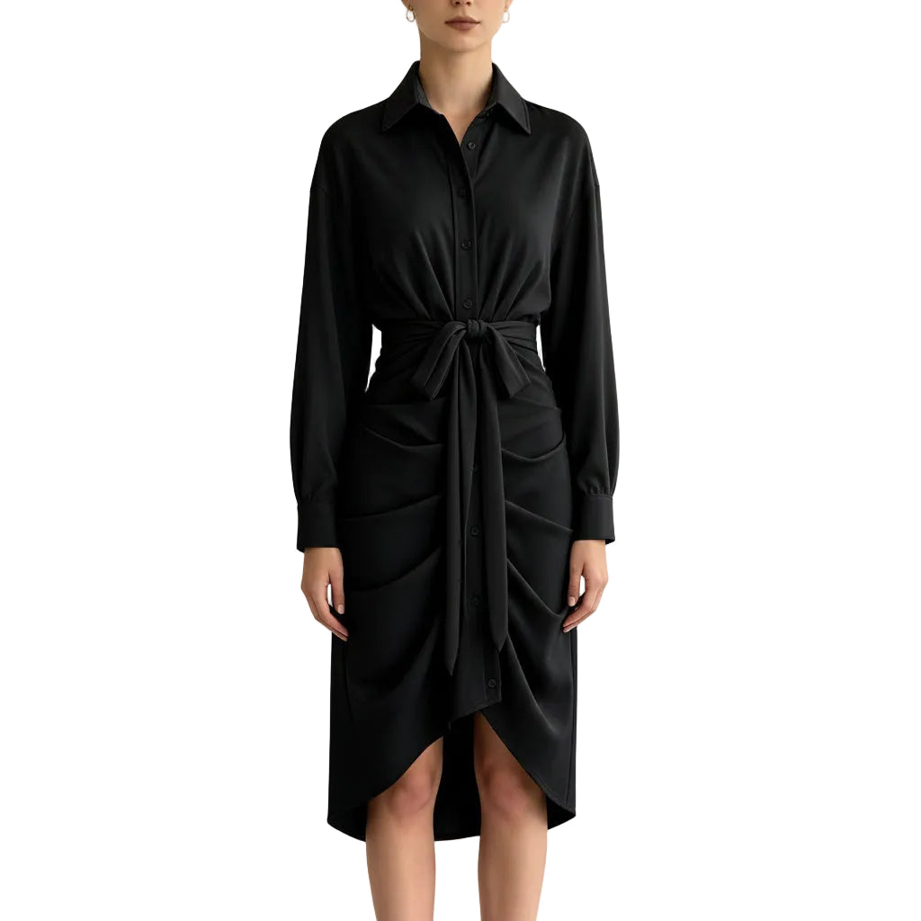 Button Front Draped Waist-Tie Shirt Dress