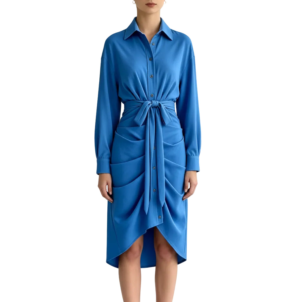 Casual Long Sleeve Waist-Tie Shirt Dress