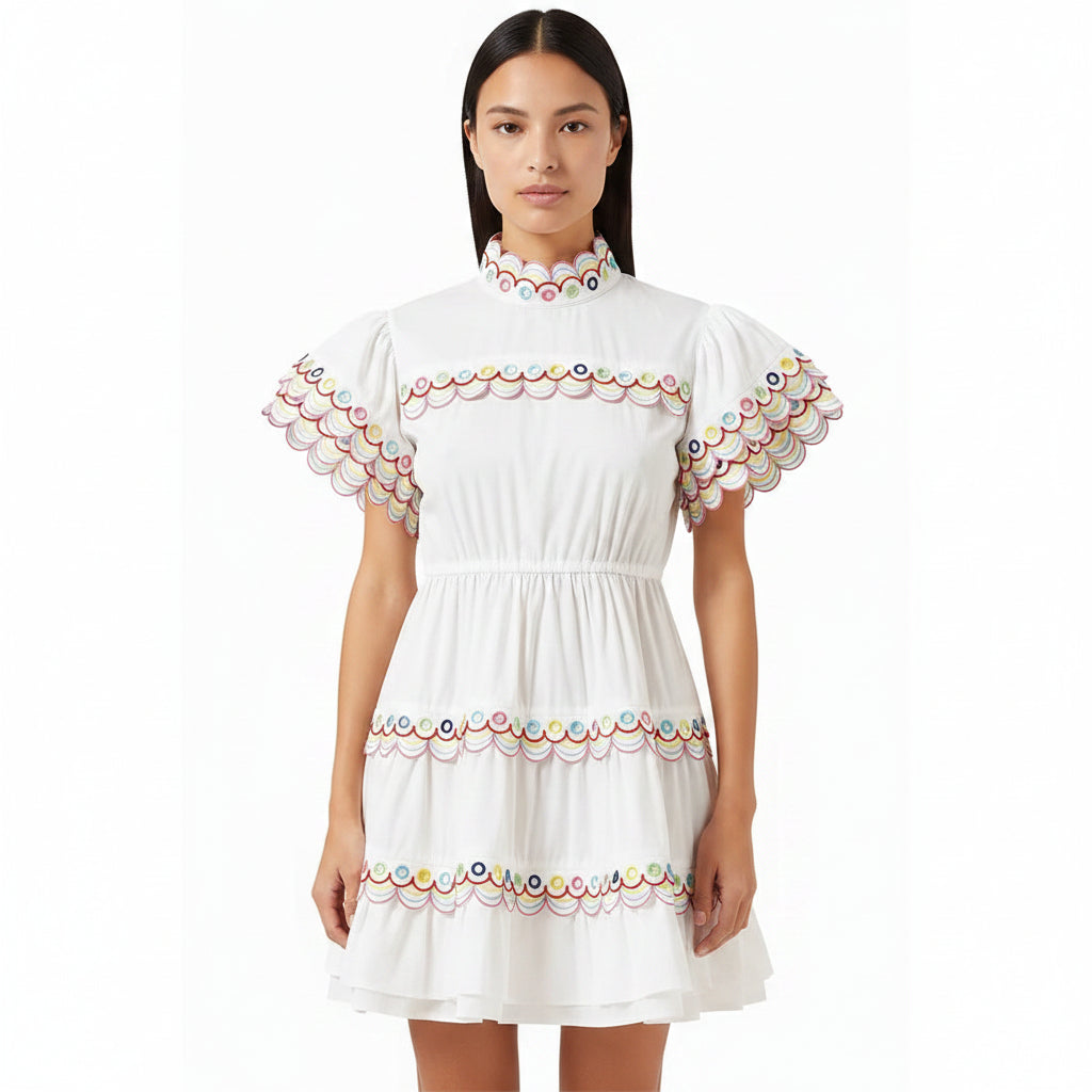 Casual Rainbow Embroidered Petal Sleeve Dress