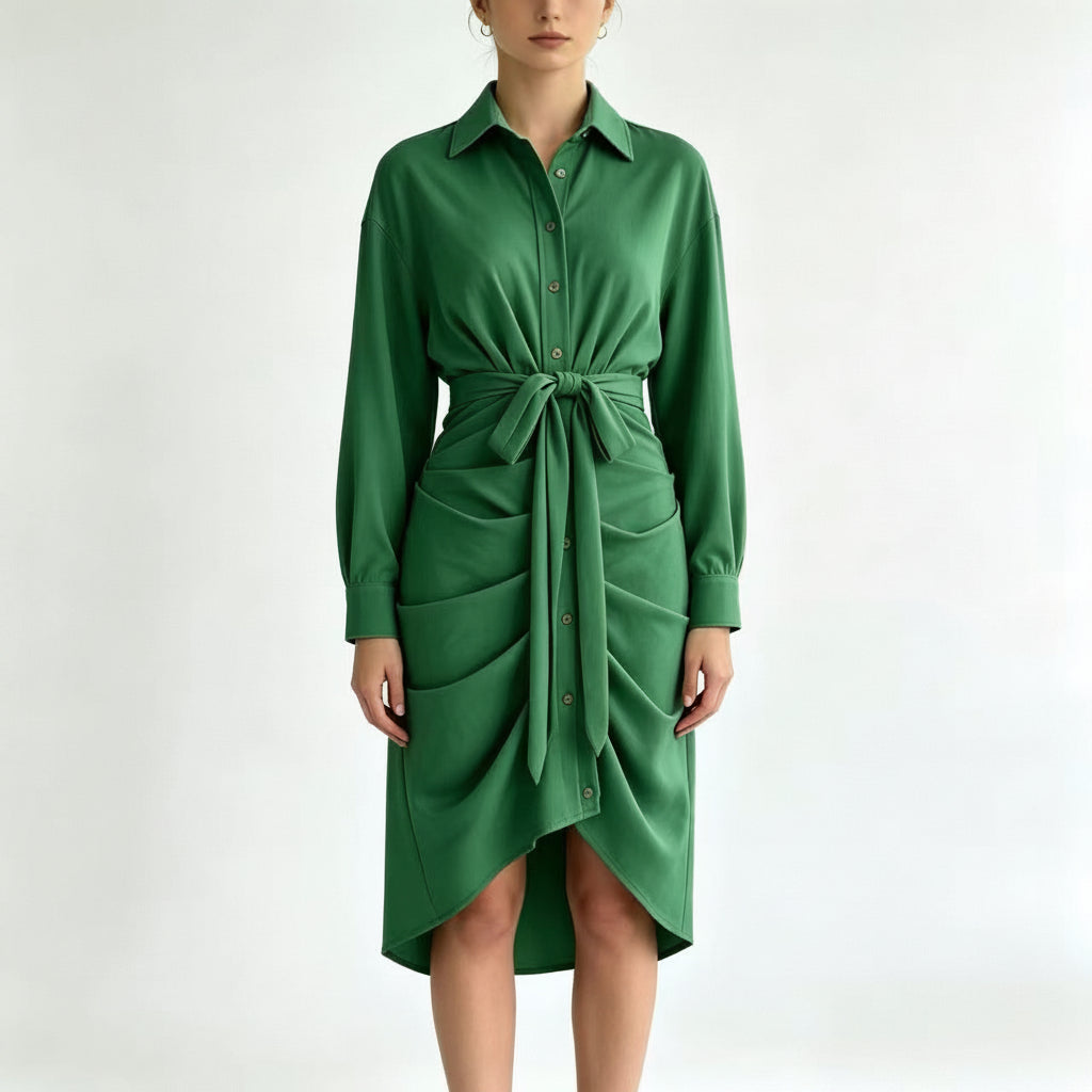 Classic Collared Draped Shirt Dress