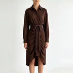 Collared Draped Waist-Tie Belted Shirt Dress
