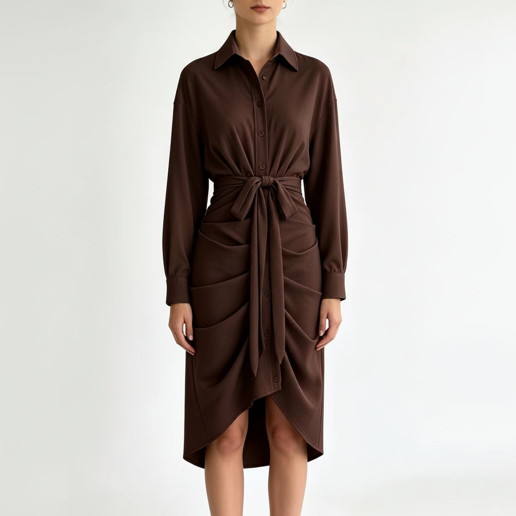 Collared Draped Waist-Tie Belted Shirt Dress