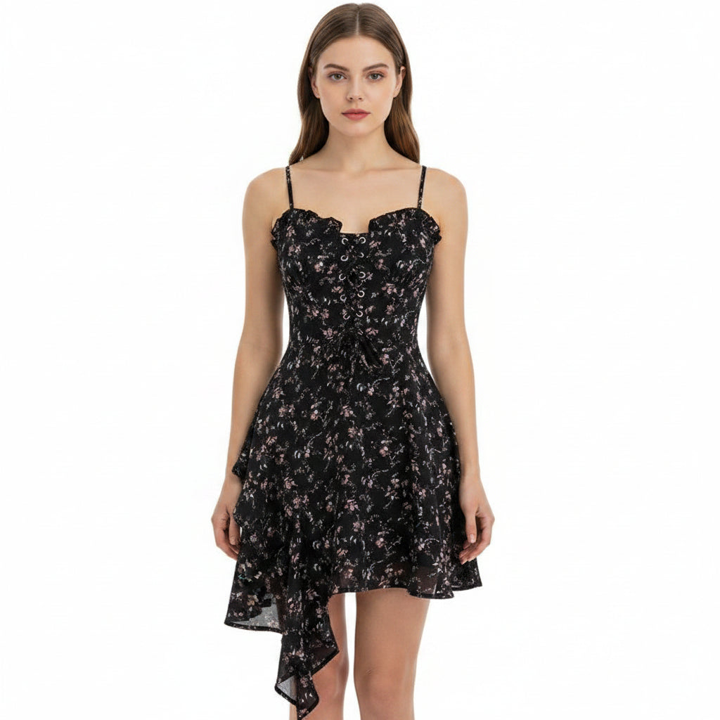 Dark Floral Ruffle-Hem Dress