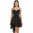 Dark Floral Ruffle-Hem Dress