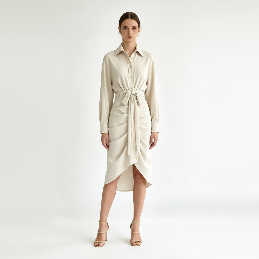 Draped Belted Shirt Dress with Collared Neck