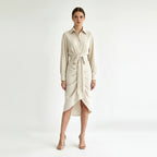 Draped Belted Shirt Dress with Collared Neck