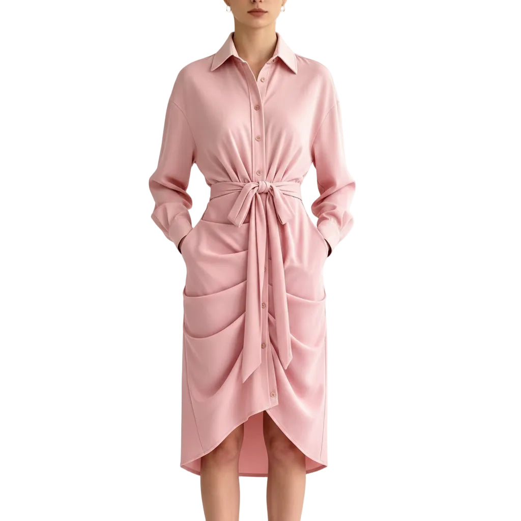Draped Shirt Dress with Adjustable Waist Tie