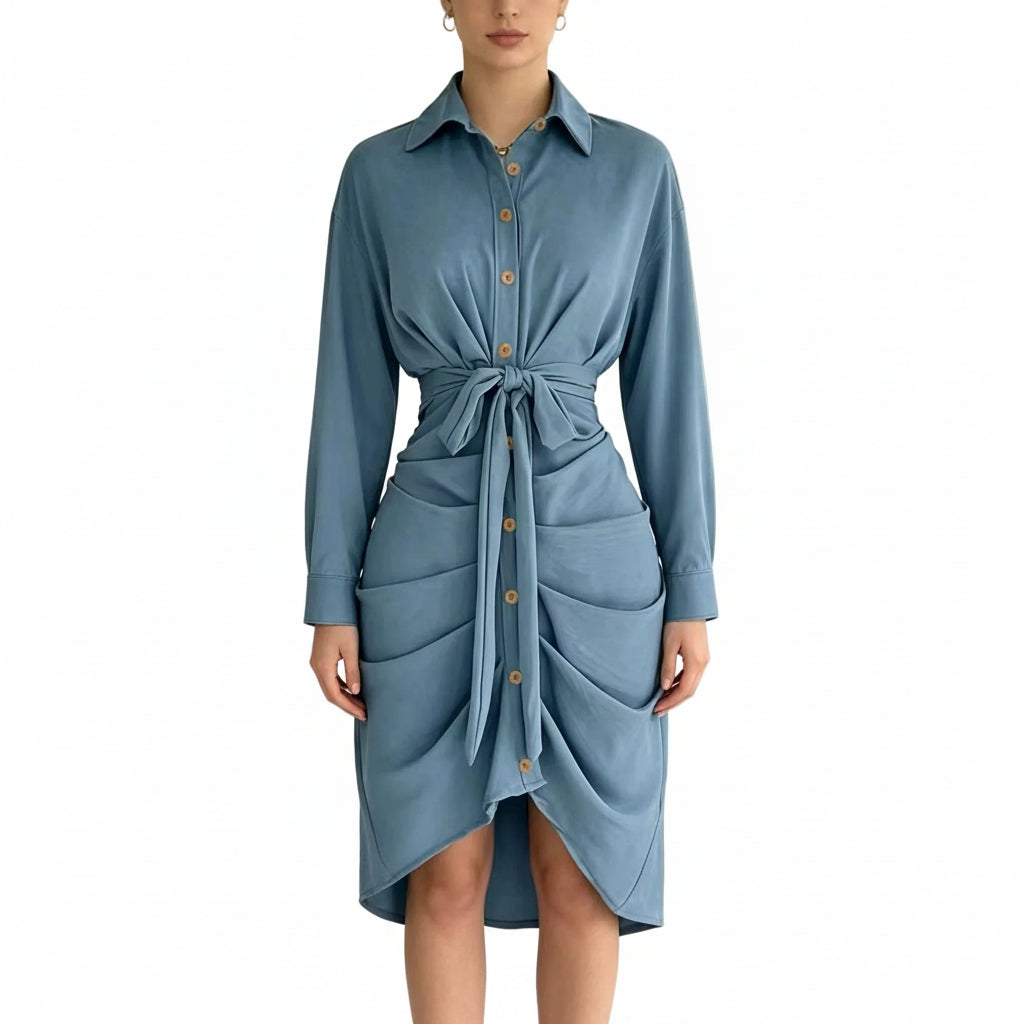 Draped Waist-Tie Shirt Dress for Women