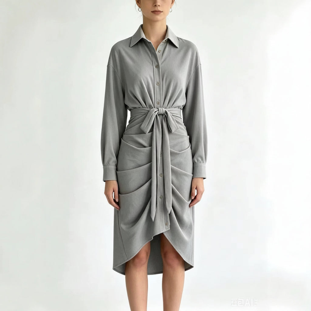 Elegant Draped Waist-Tie Midi Dress for Women