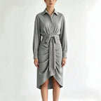 Elegant Draped Waist-Tie Midi Dress for Women