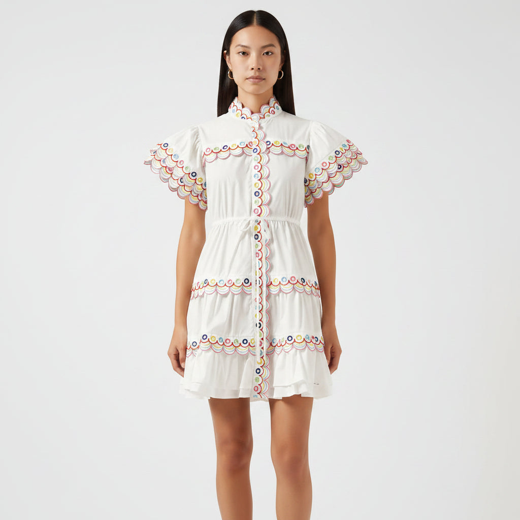Floral Rainbow Embroidered Petal Sleeve Dress