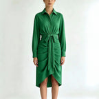 Long Sleeve Draped Waist-Tie Shirt Dress