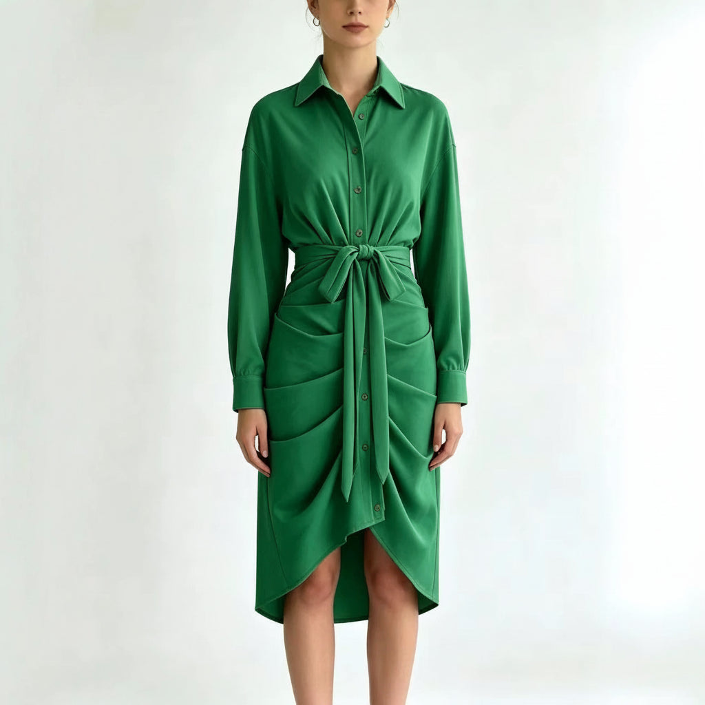 Long Sleeve Draped Waist-Tie Shirt Dress
