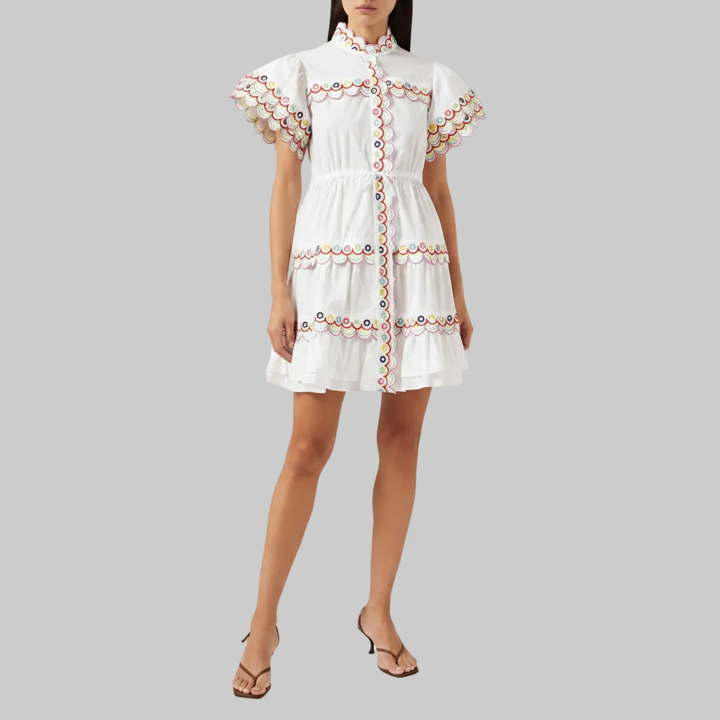 Rainbow Embroidered Petal Sleeve Midi Dress