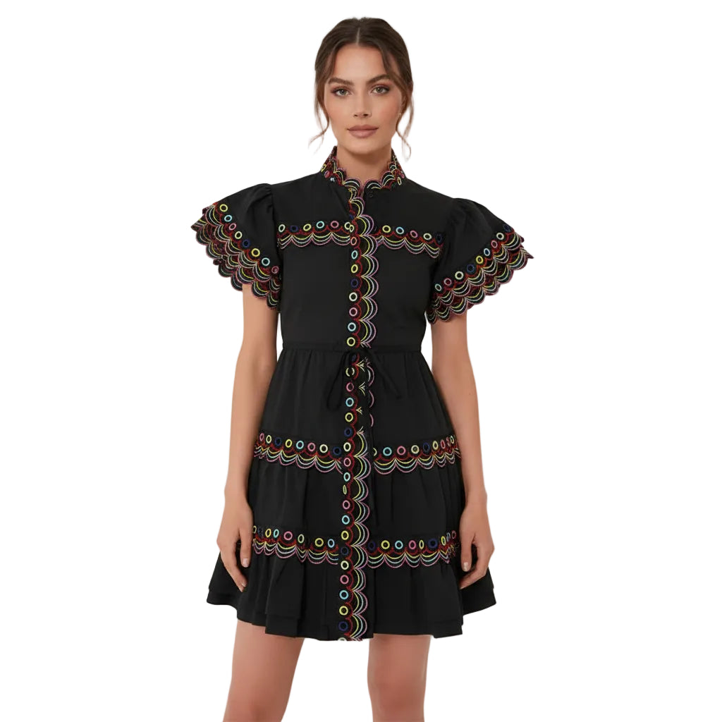 Round Neck Rainbow Embroidered Petal Sleeve Dress