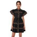 Round Neck Rainbow Embroidered Petal Sleeve Dress