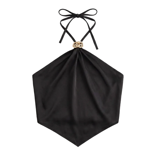 Women's Black Backless Halter Neck Lace Up Tank Top