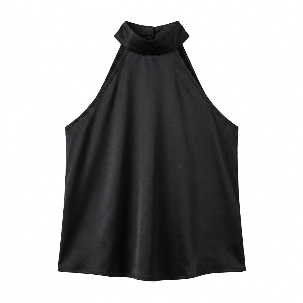 Women's Black Backless Halterneck Tank Top – Slim Fit Crop Vest - Front Side