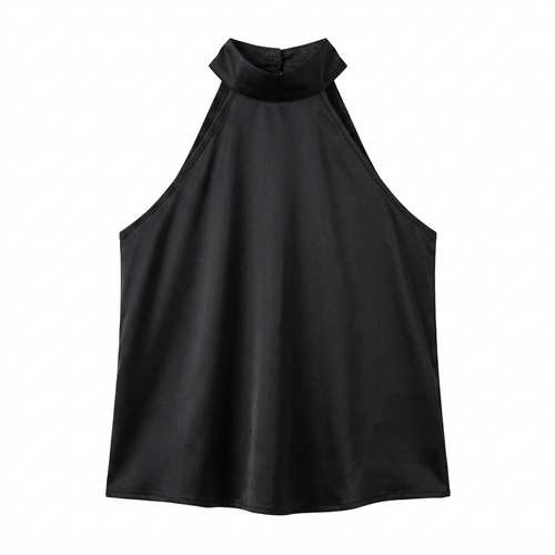 Women's Black Backless Halterneck Tank Top – Slim Fit Crop Vest - Front Side