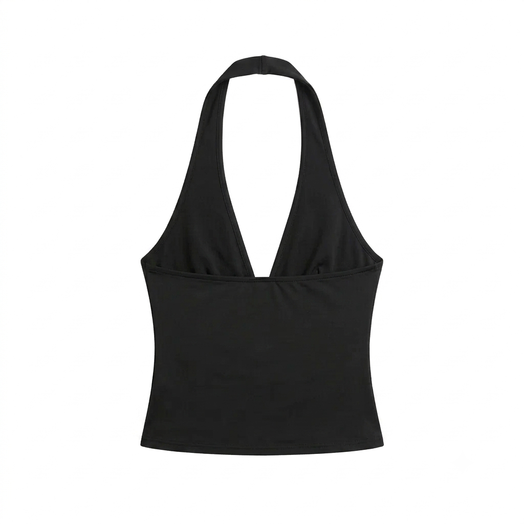 Women's Black Slash-Neck Halter Camisole  Slim Fit Summer Top - Backside