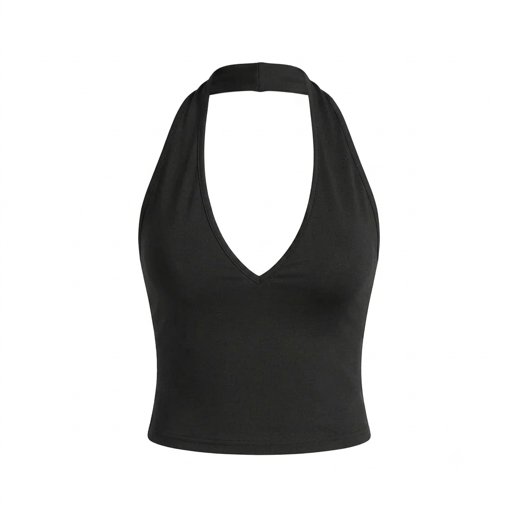 Women's Black Slash-Neck Halter Camisole – Slim Fit Summer Top - Front Side