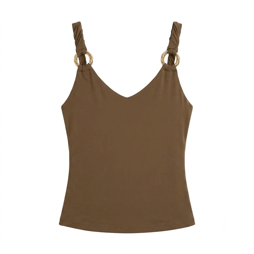 Women's Brown Fitted Top with Metal Ring Detailing – Back Side