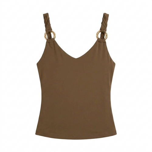 Women's Brown Fitted Top with Metal Ring Detailing – Back Side