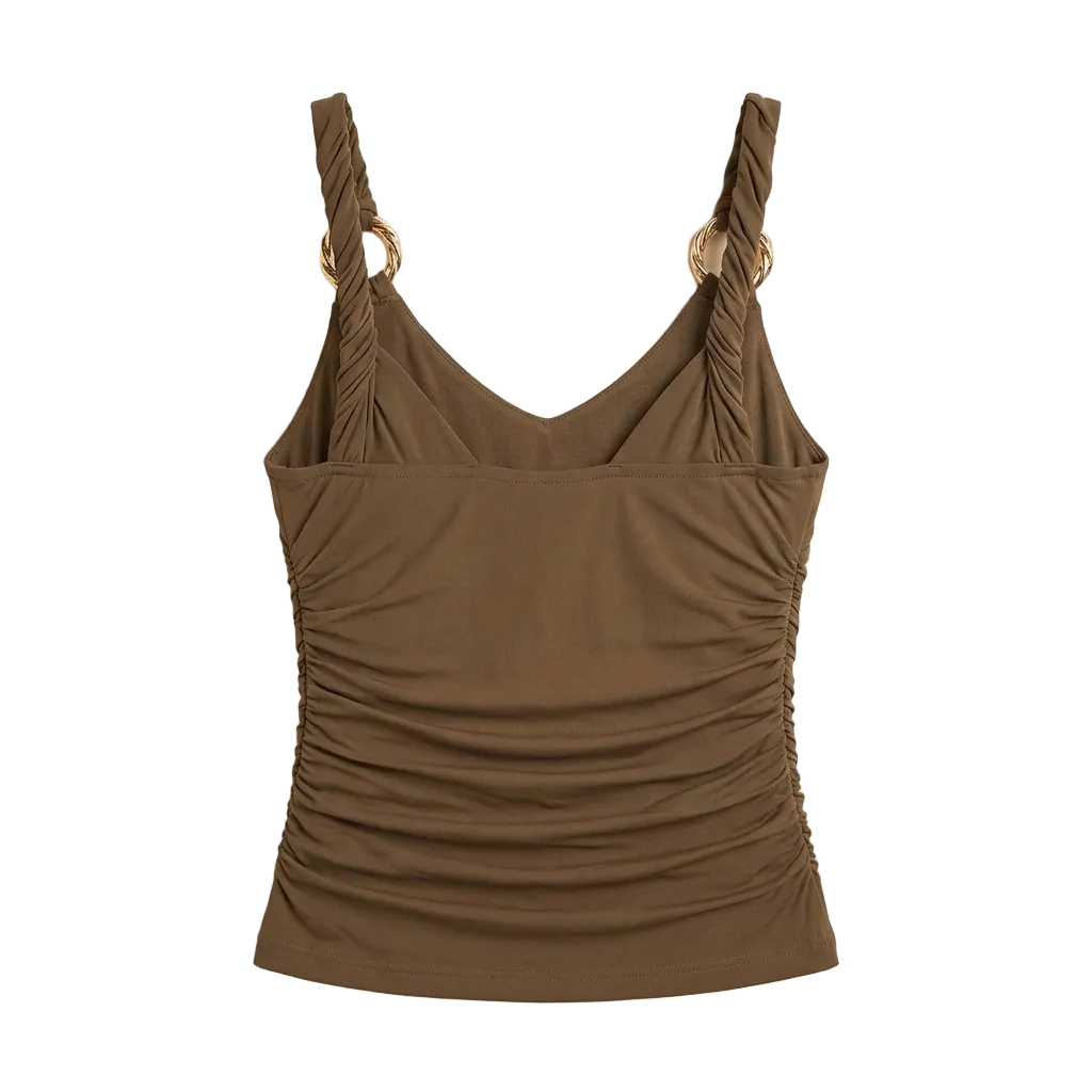 Women's Brown Fitted Top with Metal Ring Detailing – Slim Fit Sleeveless Vest - Back Side