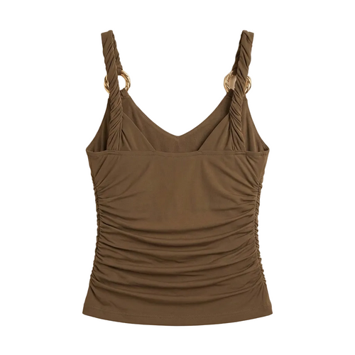 Women's Brown Fitted Top with Metal Ring Detailing – Slim Fit Sleeveless Vest - Back Side