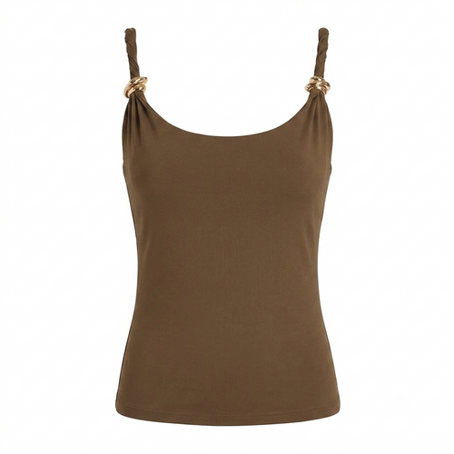 Women's Brown Fitted Top with Metal Ring Detailing – Slim Fit Sleeveless Vest - Front Side