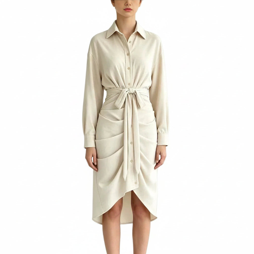 Women's Draped Waist-Tie Midi Shirt Dress