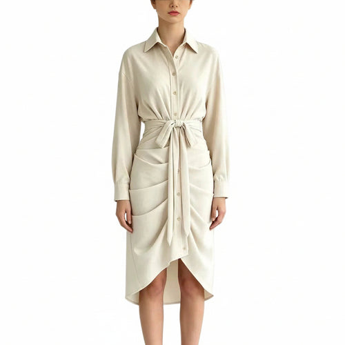 Women's Draped Waist-Tie Midi Shirt Dress