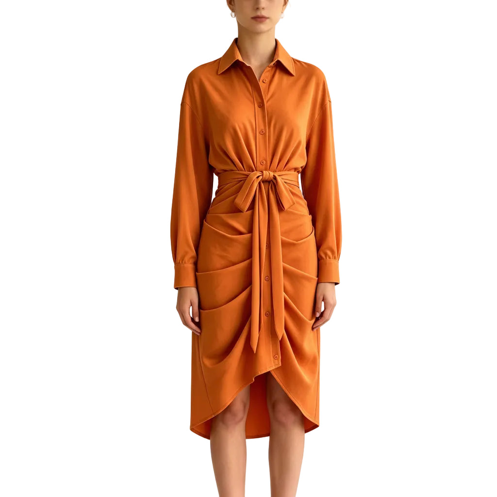 Women's Long Sleeve Belted Midi Shirt Dress
